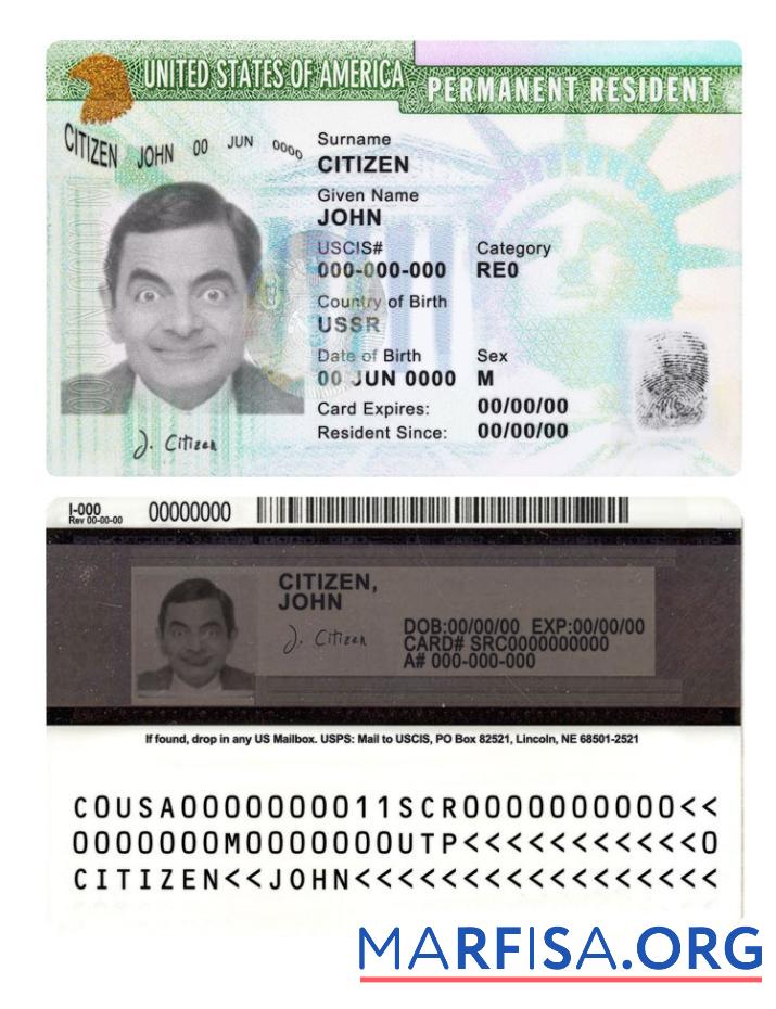 Printable USA green card, permanent resident card template